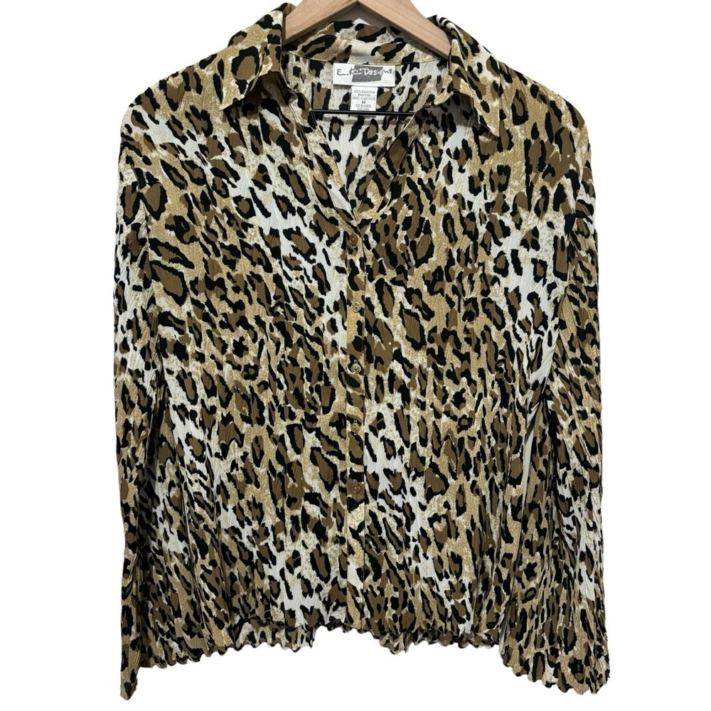 Vintage 90s Y2K E.K. Designs Blouse Leopard Print Button Up Crinkle Shirt Medium